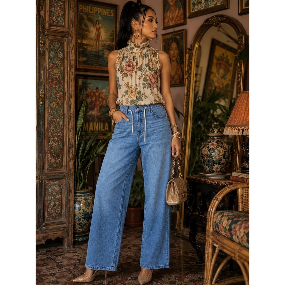 DL1961 Womens Wide Leg Drawstring Jeans Light Wash Blue Denim Size 30
